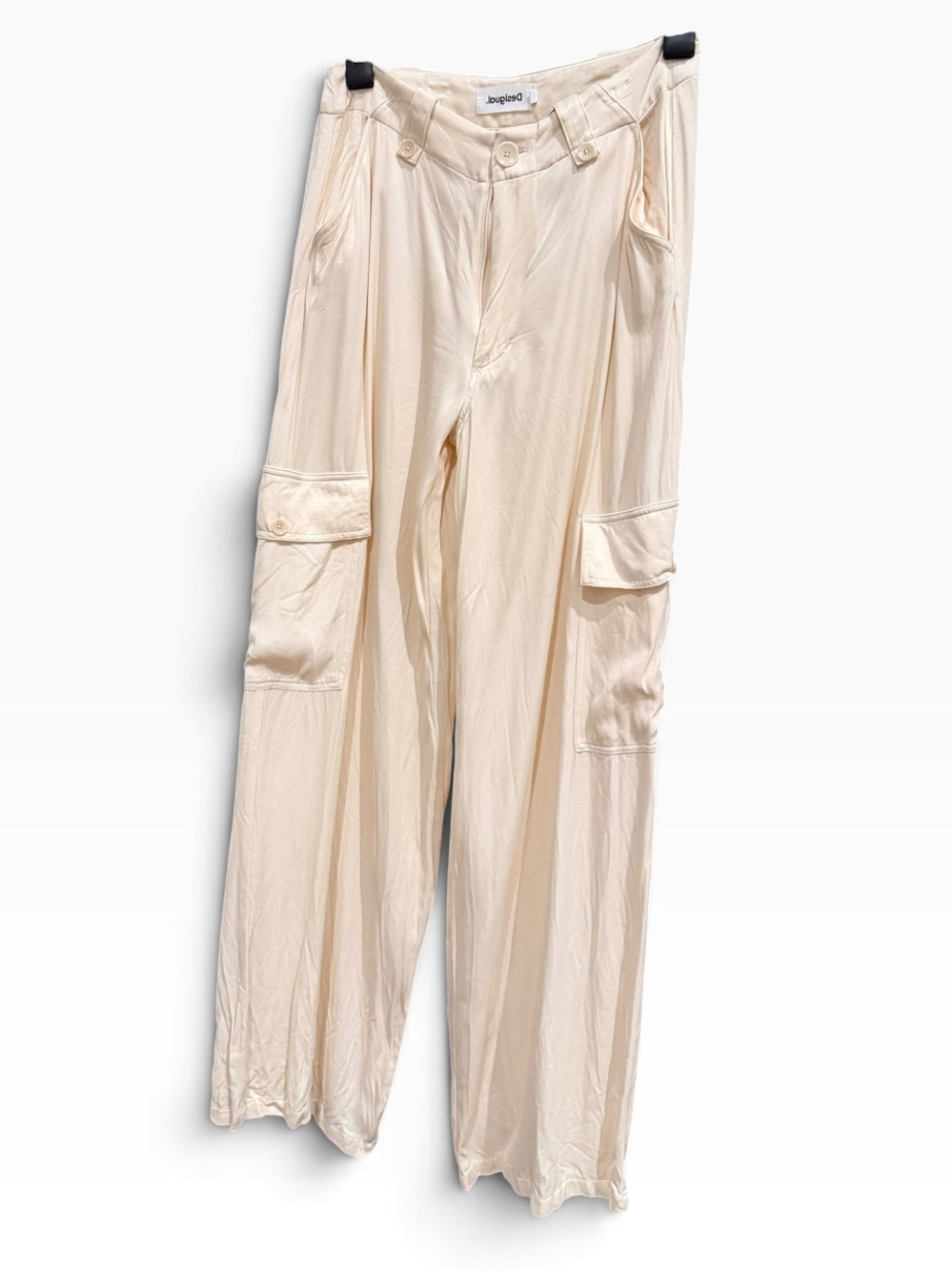 Desigual Cream Satin Wide-Leg Cargo Pants